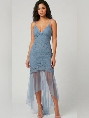 Selfie Leslie Dusty Blue Crochet Lace High-Low Dress